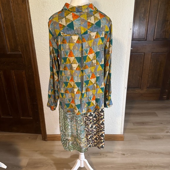 JOHN MARK Patchwork Geometric Floral Print Long Sleeve Shirt Dress Size L Birds - Picture 5 of 16